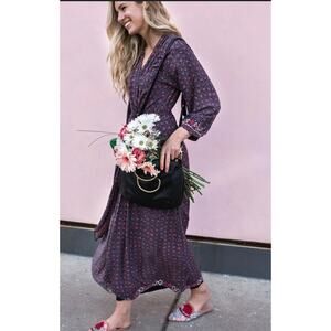 Natalie Martin Ethnic Dress Plunging Deep V Wrap Indian Calico Floral Black Maxi